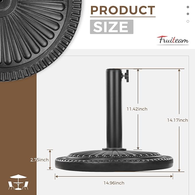 FRUITEAM 15" 26.5 lbs Round Patio Umbrella Base Pre-Filled Umbrella Stand Sun-Flower-Pattern Heavy Duty Market Umbrella Base Stand for Patio, Outdoor, Swimming Pool, Black