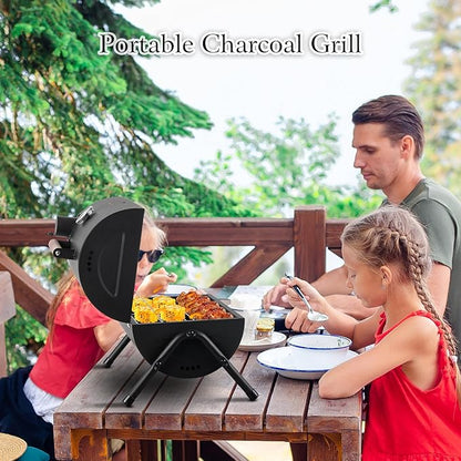 15" Portable Charcoal Grill with Thermometer & Wooden Handle, Compact Tabletop Barbecue Grill for Outdoor Camping BBQ Grilling Backyard Party Cooking, Asadores de Carbon (Black)