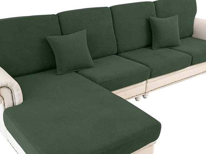 LA MEACK Couch Cushion Covers for Sectional Sofa L Shape Washable Separate Seat Chaise Couch Cover Stretch Sofa Slipcovers with 2 Pcs Pillowcases(2 Seater + 1 Chaise, Green)