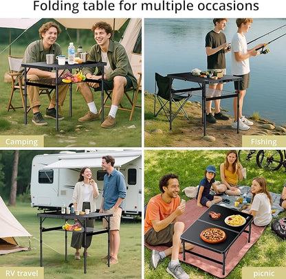 Anbte Folding Camping Table, 36" x 24" Picnic Table with Storage Net, Black | Adjustable Height Max 29.5 inch, Aluminum Alloy Small Folding Table, Lightweight, Portable Handle for Travel Outdoor Cooking
