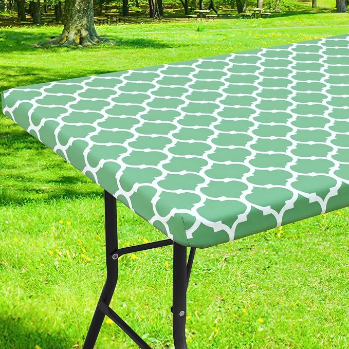 Smiry Picnic Fitted Table Cover, 8 Foot Flannel Backed Vinyl Tablecloth | Waterproof Elastic Stretch Table Cloth, Wipeable Plastic Tablecloth for Camping, Indoor & Outdoor (Sage Green, 36" x 96")