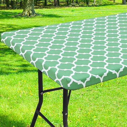 Smiry Picnic Fitted Table Cover, 8 Foot Flannel Backed Vinyl Tablecloth | Waterproof Elastic Stretch Table Cloth, Wipeable Plastic Tablecloth for Camping, Indoor & Outdoor (Sage Green, 36" x 96")