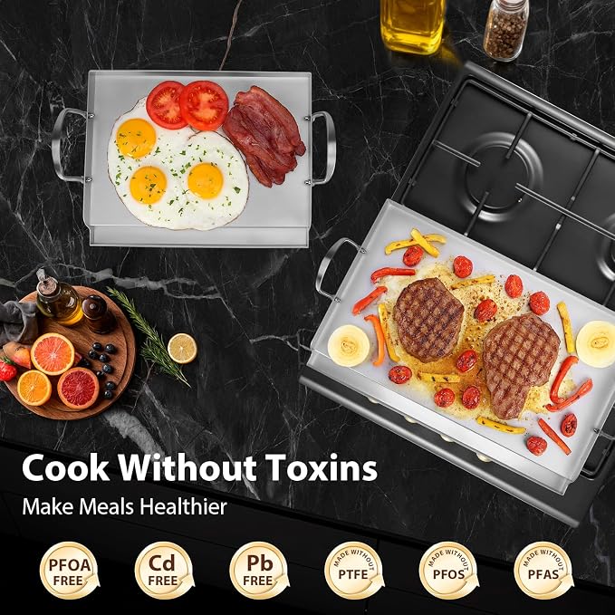 Utheer Safer Ceramic Nonstick Stainless Steel Griddle, PFAS/PFOA/PTFE-Free | BBQ camping and stovetop cooking, ceramic surface releases food, 25 x 16 plate works on grill oven and cooktop