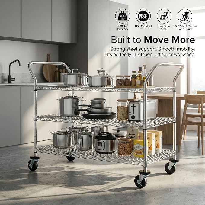 Finnhomy 3-Tier Commercial Grade Rolling Cart, Heavy Duty Utility Carts with Wheels and Handles, Kitchen Trolly on Wheels, Metal Serving Shelves with 700 lbs Capacity, Shelf Size 24" D x 48" W, NSF
