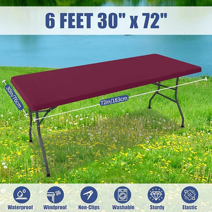 Moosfor Spandex 6 Foot Rectangle Table Cloth, Elastic Fitted Tablecloths for Picnic, Stretch Washable Patio Table Cover for Outdoor, Camping, Banquet and Parties (Jujube Red, 30"x72")