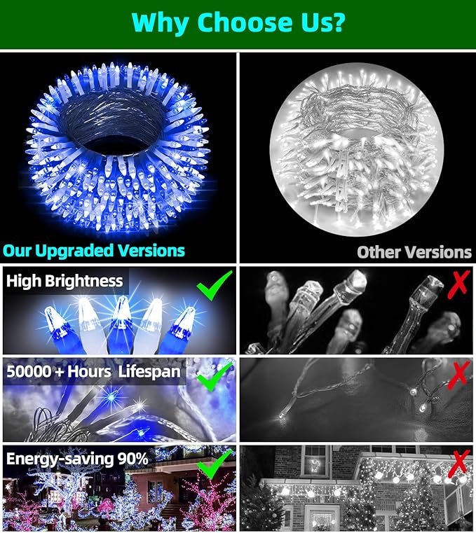 QUHUATU LED String Lights Christmas Decorations,8 Lightsing Modes Christmas Lights with Timer Functions for Tree Indoor Outdoor Decorr 1500 LED 492FT Blue & White