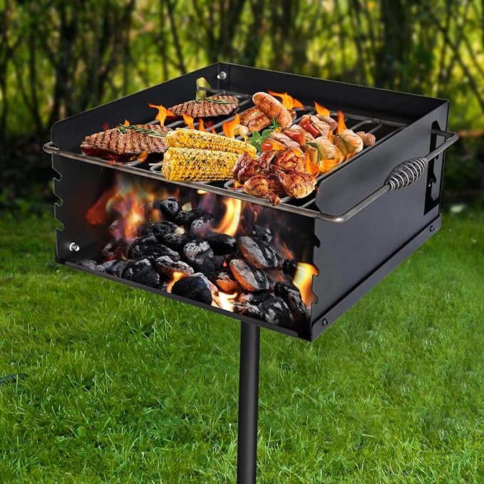 Park-Style Charcoal Grill, 16x16x8 Inch Heavy Duty Steel Outdoor BBQ Grill with Grate, Single Post Carbon Steel Park Grill for BBQ, Backyard, Camping