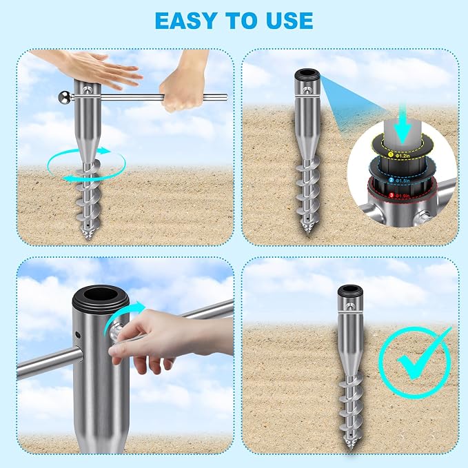 Dolibest Heavy Duty Beach Umbrella Sand Anchor, Portable Screw-in Ground Anchor & 3 Sleeves (Fits 1-2" Poles), Windproof Beach Umbrella Stake, 2.2'' Fully Welded Spiral Design for Ultimate Stability