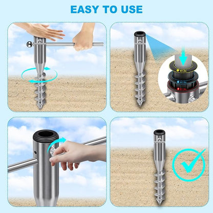 Dolibest Heavy Duty Beach Umbrella Sand Anchor, Portable Screw-in Ground Anchor & 3 Sleeves (Fits 1-2" Poles), Windproof Beach Umbrella Stake, 2.2'' Fully Welded Spiral Design for Ultimate Stability