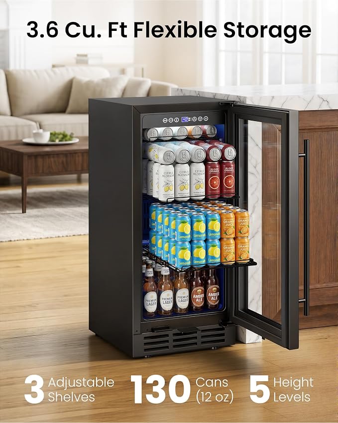15 Inch Beverage Refrigerator 130 Cans | Under Counter Glass Door | 15 in beverage refrigerator, 130 cans, glass door, LED, lock, built-in or freestanding, quiet cooling for home, bar, kitchen