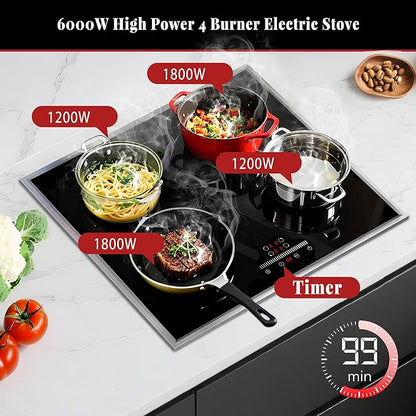 24 Inch Electric Cooktop 4 Burner Electric Stove, 24" Built-in Ceramic Stovetop with Slide Control, Timer, Child Lock, 9 Heating Level, 6000W, 220-240v, No Plug, Hard Wire