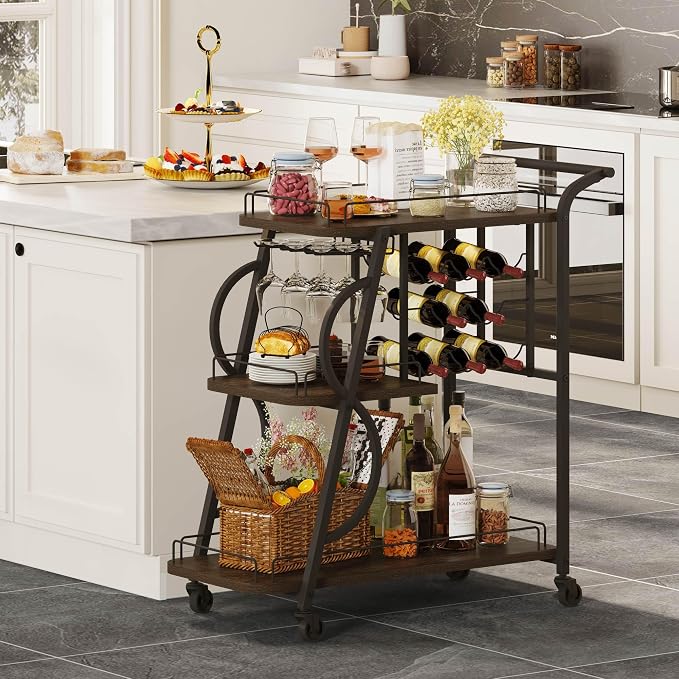 Rustic Bar Cart, 3 Tier Rolling Bar Carts for The Home, Industrial Home Serving Cart with Wine Glass Holder, Wood Metal Liquor Trolley, Mobile Beverage and Drink Carts (Walnut Brown)