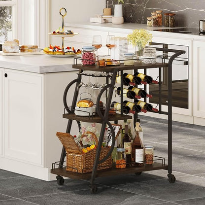 Rustic Bar Cart, 3 Tier Rolling Bar Carts for The Home, Industrial Home Serving Cart with Wine Glass Holder, Wood Metal Liquor Trolley, Mobile Beverage and Drink Carts (Walnut Brown)