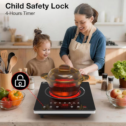 Single Burner Electric Cooktop 1800W, Portable Electric Stove Hot Plate Countertop Stove Top Burner with 8 Power Settings, 4-Hour Timer Child Safety Lock for Apartment, Dorm & Small Kitchen
