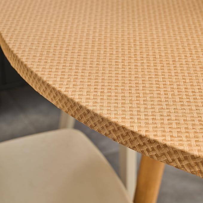 LIBERECOO Round Fitted Tablecloth with Elastic, Waterproof Vinyl with Flannel Backing, Plain Weaves Pattern Wipeable Plastic Table Cloth for Kitchen and Dining Room, Fits 57"-65" Round