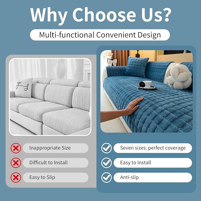 Velvet Couch Cover, Plush Sectional Sofa Cover Washable, Anti Slip Sofa Slipcover for 2-3 Cushion Sofas, Furniture Protector Covers for Pets & Kids(1PC, Blue, 35.4"×63", Loveseat)