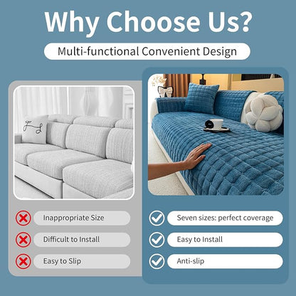 Velvet Couch Cover, Plush Sectional Sofa Cover Washable, Anti Slip Sofa Slipcover for 3 Cushions Sofas, Furniture Protector Covers for Pets & Kids(1PC, Blue, 35.4"×71", 3-Seater)