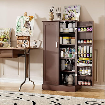 kepptory 47” Pantry Cabinet, Kitchen Pantry Storage Cabinet with Doors & Adjustable Shelves, Brown Freestanding Buffet Cupboards Sideboard for Living Room and Dinning Room, Sturdy and Durable