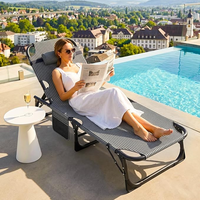 ABORON 4-in-1 Lounge Chair, Padded Cushion, Heavy-Duty 440LB 3-Fold Adjustable Recliner Chaise Chair, No Assembly for Patio, Poolside, Camping, Tanning (1, Quartz Adriatic)