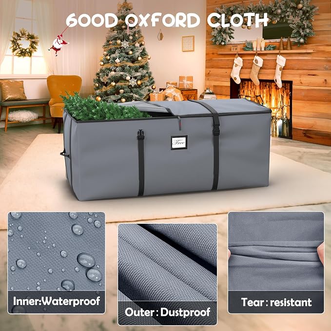 Mrrihand Christmas Tree Storage Bag, Large Artificial Christmas Tree, Anti-Tear Heavy-Duty 600D Oxford Cloth Christmas Tree Storage Box with Handles, Christmas Tree Storage Container (Grey, 9Ft)