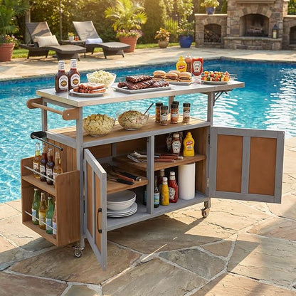 Outdoor Fir Wood Kitchen Island with Foldable Stainless Steel Top, Patio Mobile Kitchen Cart Portable Outdoor Cooking Island with Lockable Wheels, Storage Cabinet and Towel Rack (Espresso+Grey/124)