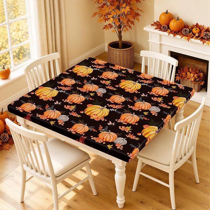 Smiry Thanksgiving Fitted Table Cover, Flannel Backed Vinyl Tablecloth | Waterproof Elastic Stretch Table Cloth, Wipeable Plastic Tablecloth for Autumn Harvest & Parties (Black & Yellow, 42" x 42")