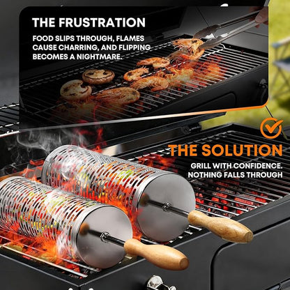 BBQ Rolling Vegetable Grill Basket: Barbecue Smoker Grill Rolling Baskets for Outdoor, Christmas Birthday Gifts for Dad Men Husband Unique 2pcs