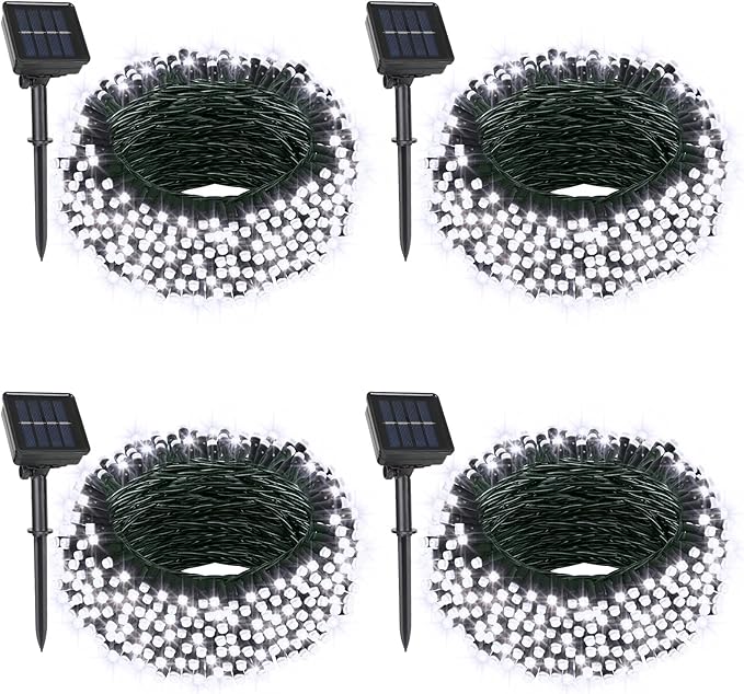 4 Pack Solar String Lights, Total 132Ft 400 LED Solar Powered Twinkle String Lights Waterproof with 8 Lighting Modes Green Wire for Patio Garden Party Yard Wedding Decors (Cool White)