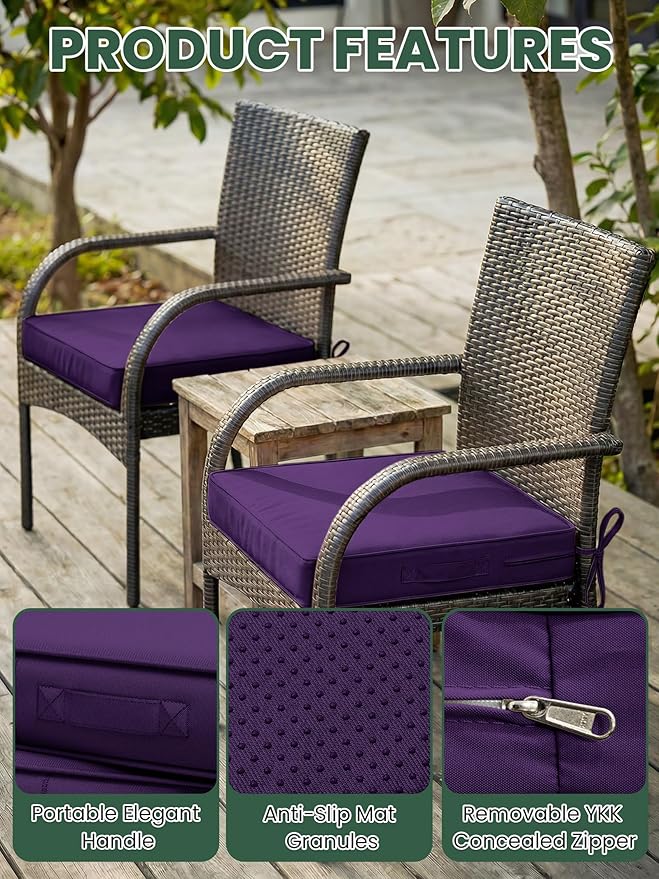 Outdoor Chair Cushion 18.5 x 16 x 4 Inches Patio Furniture Outdoor Waterproof Seat Cushion, Patio Chair Cushion with Handles and Ties, Square Dining Chair Cushion Set of 2, Purple