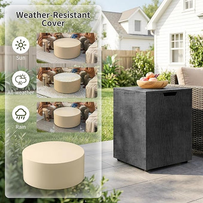 2-Piece Outdoor Propane Fire Pit Table Set w Tank Table 30'' Round Fire Pit Table w Wood Grain Firepit Table for Outside Gas Fire Pit w 304 Stainless Steel Burner 50,000 BTU, Dark Gray w Warm LED