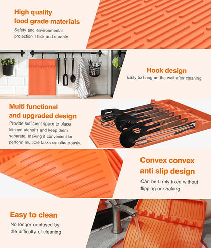 Silicone Grill Mat Compatible with Blackstone, BBQ Griddle Tools Mat with Drip Pad, Large Spatula Holder for Outdoor Kitchen Counter, Gifts for Men (Orange)