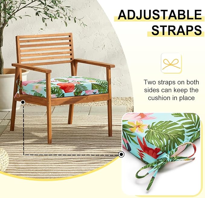 downluxe Outdoor Chair Cushions Set of 4 for Patio Furniture, Water-Resistant Square Corner Patio Chair Cushions with Ties, High Density Foam Outdoor Seat Cushion, 18.5" X 16" X 3", Tropical Flamingo