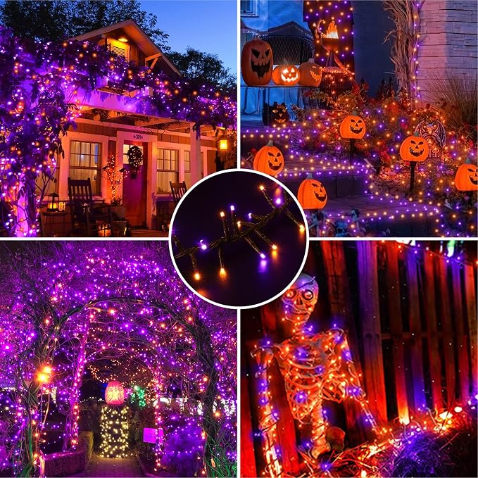 Purple Orange Halloween String Lights Outdoor, 46FT 500LED Twinkle Fairy Lights, 16 Modes Plug in Waterproof Cluster Lights for Bedroom Indoor Outdoor Halloween Decorations
