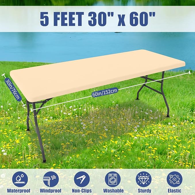 Moosfor 2 Pack Rectangle Spandex Fitted Table Cloth, 5FT Elastic Tablecloth | Washable Picnic Table Cover, Stretch Waterproof Table cloths for Party, Patio, Dining, Kitchen, 30" x 60", Ivory
