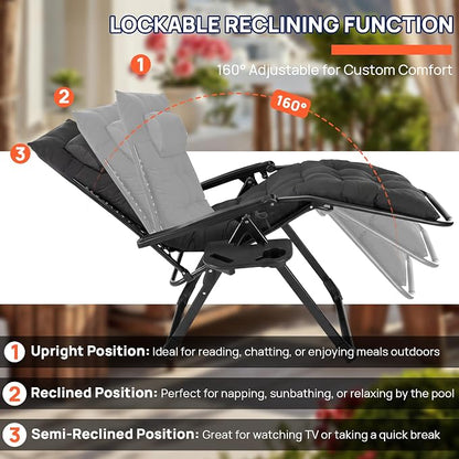 Alpen Oversized Zero Gravity Chair, Portable Patio Lounge Recliner, Black | Outdoor Chaise Lounge Chairs, Removable Pad, Adjustable Headrest, Zero Gravity Chair with Cup Holder for Camping Lawn Balcony