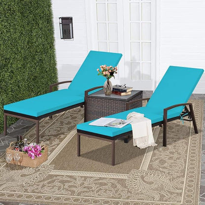 Tangkula Patio Rattan Lounge Chair, Outdoor Reclining Chaise with Cushion and Armrest, Wicker Sun Lounger with Adjustable Backrest for Garden, Balcony, Poolside (1, Turquoise)