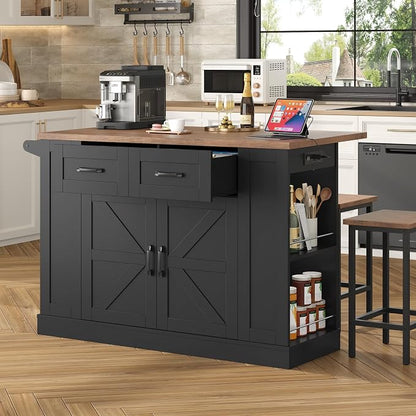 Kitchen Storage Island with 2 Stools, 51” Mobile Kitchen Cart with Drop Leaf & Power Outlet, Rolling Island Table Dining Room Buffet with 2 Drawers & Side Storage Rack &Towel Rack, Black