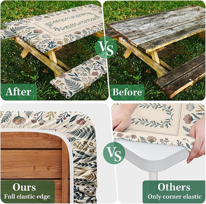 Picnic Table Cover with Bench Covers, Floral Vintage, 72 Inch, 3PCS | Camper waterproof fitted tablecloth with elastic edges outdoor camping essentials with drawstring bag