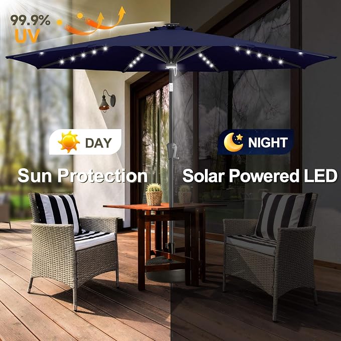 FLAME&SHADE Solar Patio Umbrella with a Centre Light, 9 FT Navy Blue | 40 LED Lights, UV Protection, Waterproof, Porch Deck Outdoor Umbrella for Pool, Backyard, Garden, Provides Evening Lighting