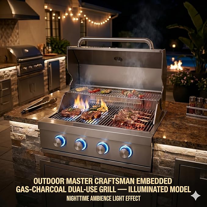 27 In Built-in Outdoor Gas and Charcoal Dual-Fuel BBQ Grill, 4-BurnerStainless Steel Drop-in Grill with LED Ambient Lighting, 304 Brushed Stainless Steel, Heavy Duty Outdoor Kitchen Island Grill