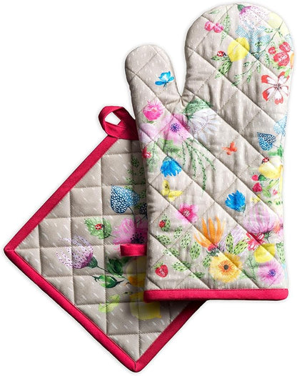 Maison d' Hermine 100% Cotton Oven Mitt & Pot Holder Set (7.5"x13" & 8"x8") Heat Resistant BBQ Cooking Gloves with Loop Baking Grilling Kitchen Hotel Home Farmhouse Spring Summer (Jardin D'Ete - Fog)