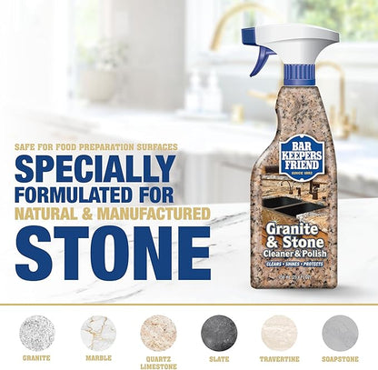 Bar Keepers Friend Stone & Granite Cleaner and Polish (25.4 oz) Plus 1 Microfiber Cloth, 2pc Cleaning Kit, Multi Surface Cleaner for Use on Natural, Manufactured & Polished Stone Countertops