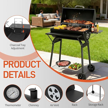 VINGLI Upgraded Barrel Charcoal Grill with Side Front Tables, Adjustable Charcoal Tray BBQ Grill Outdoor Smoker Grill with Wheels for Party Garden Patio and Backyard Cooking 39''D × 24''W × 46''H