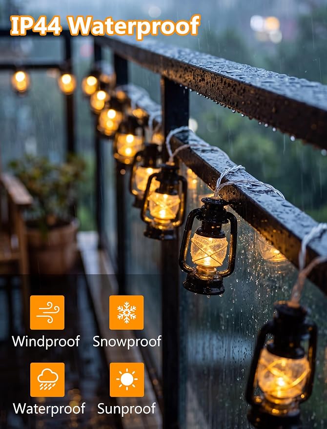 Vintage Kerosene Lantern String Lights 8.5FT, 10 LED Black Oil Lamp Camping | IP44 Waterproof & End-to-end Connectable, Plug-in LED for RV Awning, Tent, Patio, Porch, Bedroom, Camping and Holiday Decor