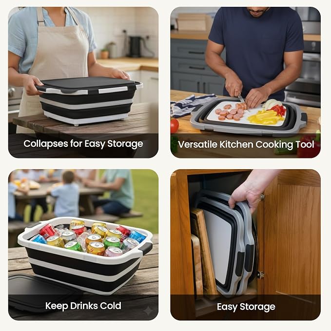 BBQ Prep Tub 2 Pack (8L+16L) - Multifunctional Collapsible Camping Cutting Board with Upgraded Locking lid, Meal Prep Meat Storage Container Perfect for Grilling, Outdoor Cooking (Large + XL)