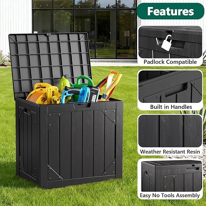 30 Gallon Outdoor Storage Box, Lockable Resin Deck Box for Patio Cushions, Throw Pillows, Garden Tools, Weatherproof Outdoor Storage Bench for Yard, Porch, or Balcony