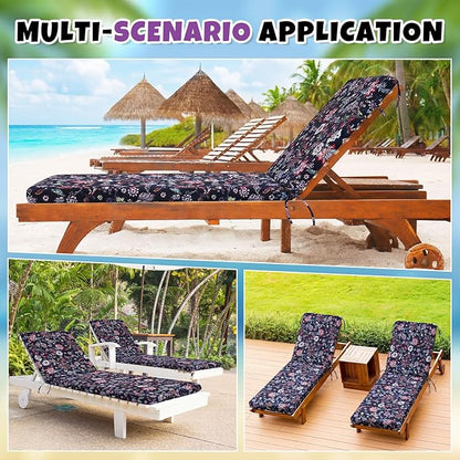 Youyole Outdoor Chaise Lounge Cushions Set of 2, 72 x 21 x 3 Inch Water-Resistant Fade-Resistant Floral Patio Lounge Chair Pads with Ties, Foam Recliner Replacement for Pool Deck