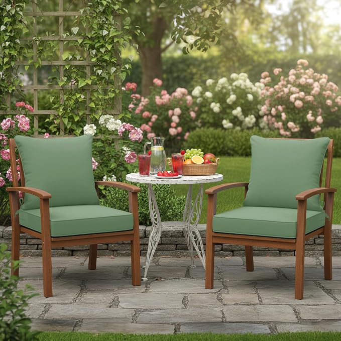 Summsun Outdoor Chair Cushions Set of 2, 22 x 22 Inch, Sage Green | Double-Sided Water Resistant, Removable Cover, Back Pillow & Seat Cushion, Tie Straps, Fit for Patio, Garden, Sofa Couch