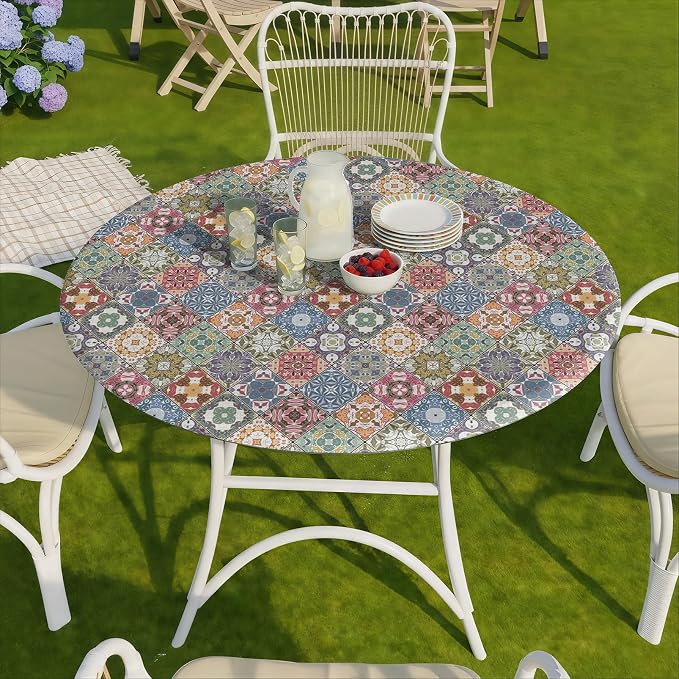 opstellen Fitted Round Tablecloth for 45-54" Tables Stain Resistant Vintage Earthy Vinyl Mantel Para Mesa Redonda Kitchen Apartment Organizers Picnic Camping List Women Men Cool Practical Gift Ideas