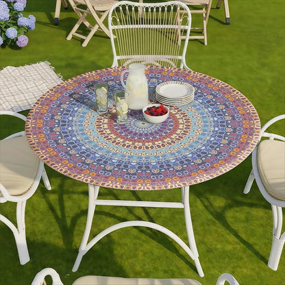 opstellen Fitted Round Tablecloth Small Bohemian Vinyl Patio Table Cloths for 45-54" Tables Travel Vacation Camper Accessories Living Room New HomeHouse Decorations Outdoor Road Trip Must Haves